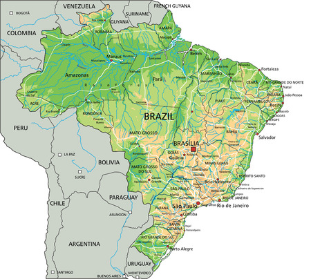High detailed Brazil physical map with labeling.のイラスト素材