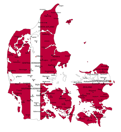 Denmark highly detailed political map with national flag isolated on white background.のイラスト素材