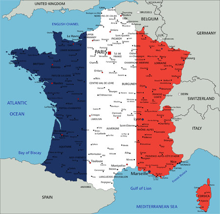 France highly detailed political map with national flag.のイラスト素材