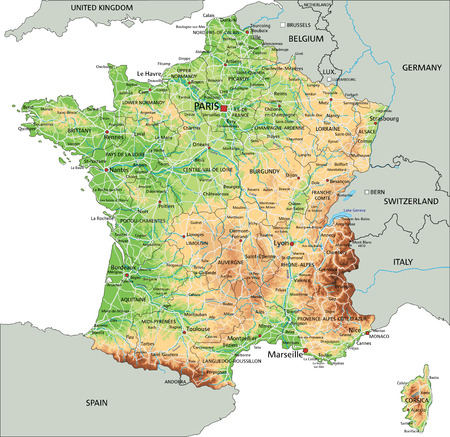 High detailed France physical map with labeling.のイラスト素材