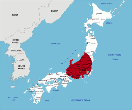 Japan highly detailed political map with national flag isolated on white background.のイラスト素材