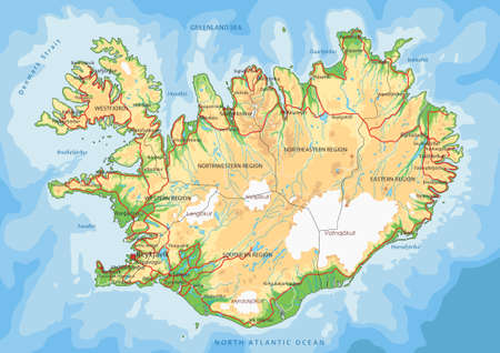 Highly detailed Iceland physical map with labeling.のイラスト素材