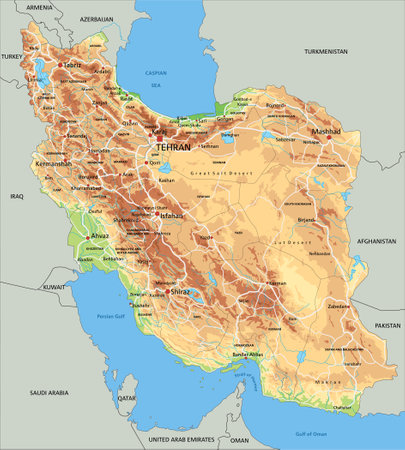 High detailed Iran physical map with labeling.のイラスト素材