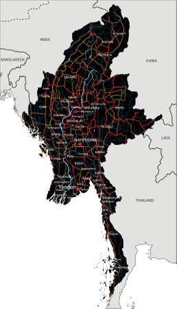 High detailed Myanmar road map with labeling.のイラスト素材