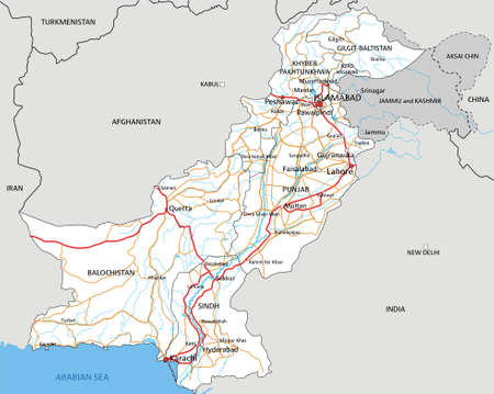 High detailed Pakistan road map with labeling.のイラスト素材