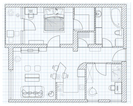 Black and White floor plan sketch of a house on millimeter paper.