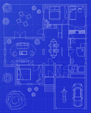 White floor plan sketch of a house on millimeter paper.のイラスト素材