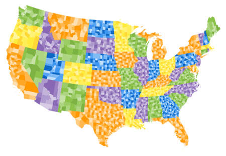 Complex colorful USA political map with every state and county.のイラスト素材