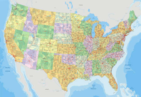 Complex USA political map with every county, major city, roads and hydrography.