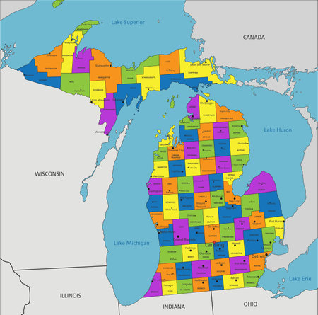 Colorful Michigan political map with clearly labeled, separated layers. Vector illustration.のイラスト素材