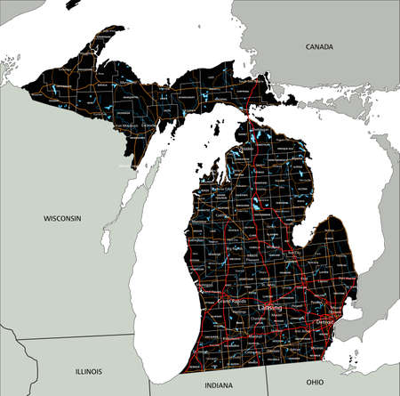 High detailed Michigan road map with labeling.のイラスト素材