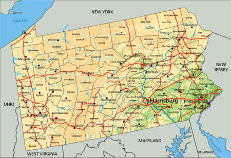 High detailed Pennsylvania physical map with labeling.のイラスト素材
