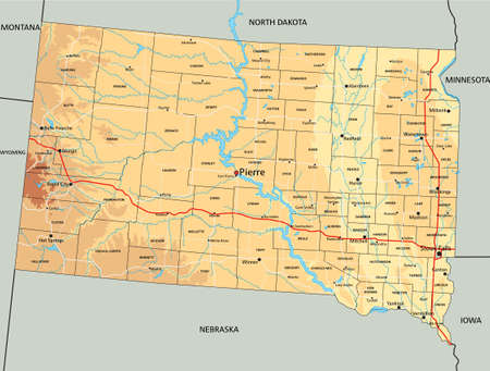 High detailed South Dakota physical map with labeling.