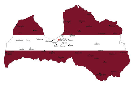 Latvia highly detailed political map with national flag isolated on white background.のイラスト素材