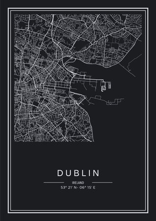 Black and white printable Dublin city map, poster design, vector illistration.のイラスト素材