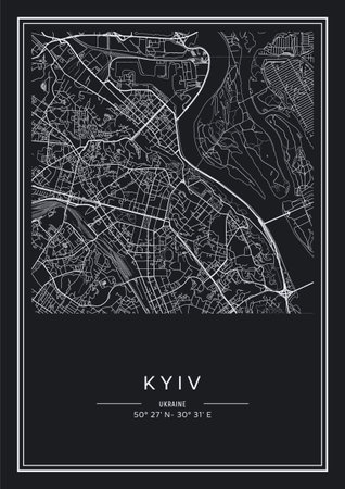 Black and white printable Kyiv city map, poster design, vector illistration.のイラスト素材