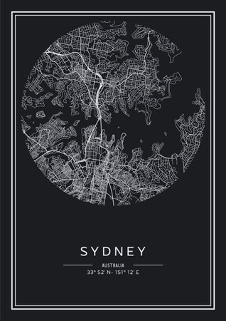 Black and white printable Sydney city map, poster design, vector illistration.のイラスト素材