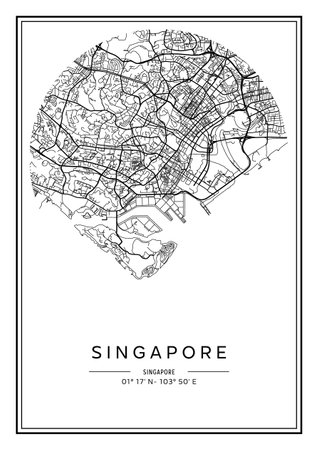 Black and white printable Singapore city map, poster design, vector illistration.のイラスト素材