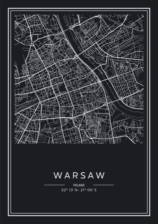Black and white printable Warsaw city map, poster design, vector illistration.のイラスト素材