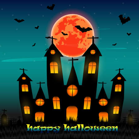 Happy Halloween Fullmoon Banner card design , grave , cross, fence,grass, Haunted House, witch tree  and Bats.vector illustration orange scene backgroundのイラスト素材