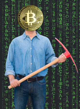 Bitcoin mining concept : Bitcoin man holding pickaxes on computer matrix background.