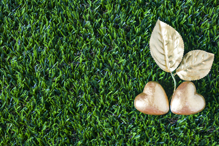 Two golden hearts and golden leaves on green glass background. Love is valuable concept, flat lay with copy space.の写真素材