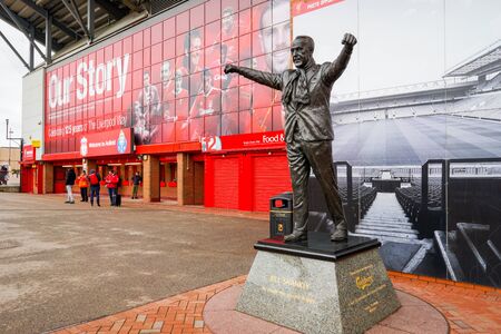 Liverpool, UK - March 6, 2018 : The statue of Bill Shankly, in front of Anfield Stadium, the Home...