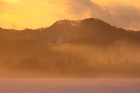 Nishiwaga Town, Iwate Prefecture Winter scenery at sunriseの写真素材