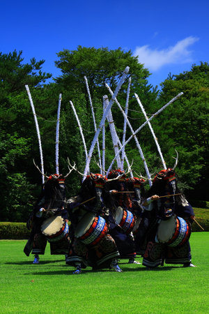 Japanese performers in traditional costume at an outdoor event, Japanの写真素材