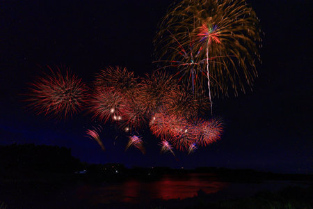 Fireworks festival in the night sky, closeup of photo.の写真素材
