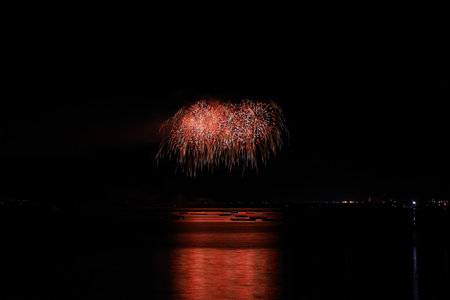 Colorful fireworks on the black sky background, celebration new year.