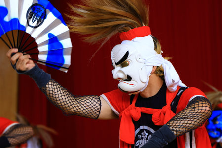 Unidentified Japanese dancers perform at Gion Matsuri Festival in Kyoto, Japan Gion Matsuri is one of Kyoto's most famous festivalsの写真素材