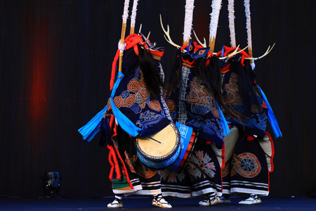 Unidentified Japanese dancers perform at Gion Matsuri Festival in Kyoto, Japan Gion Matsuri is one of Kyoto's most famous festivalsの写真素材