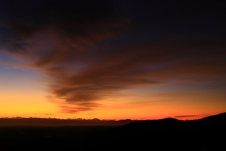 Foggy morning in the mountains. Landscape with a skyの写真素材