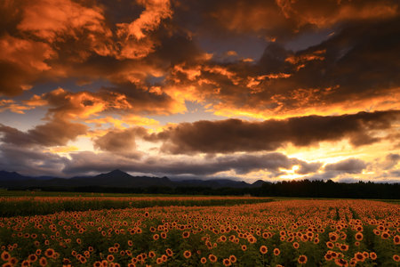 Sunflower field at sunset with sunflowers and mountains in the backgroundの写真素材