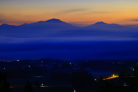 Foggy morning in the mountains. Landscape with a beautiful sky