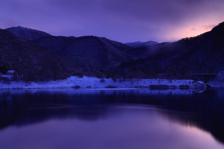 Night view of the lake and trees in winter, South Korea.の写真素材