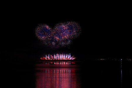 Colorful fireworks on the black sky background, celebration and anniversary conceptの写真素材