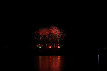 Colorful fireworks on the black sky background, celebration and anniversary concept