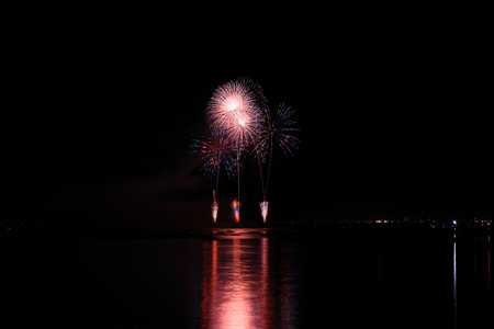 Colorful fireworks on the black sky background, celebration and anniversary concept
