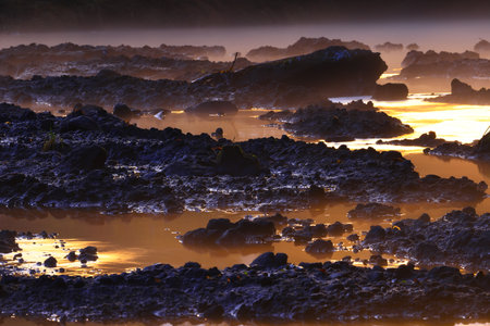 Colorful autumn forest reflected in the lake at sunset. Autumn landscape.の写真素材