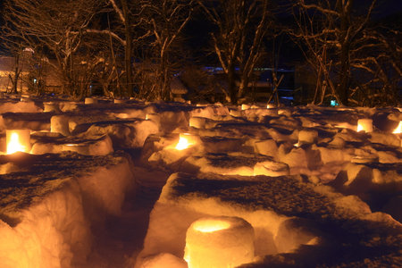 Tourists visit the snow igloo in Shirakawa-go, Japan.の写真素材