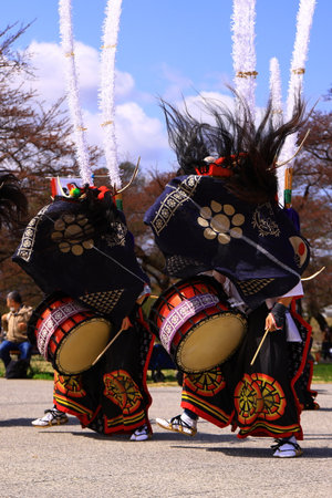 Unidentified people in traditional costume at the annual Hakodate festival in Hokkaido, Japan.の写真素材