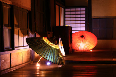 colorful umbrella in the dark, closeup of photo with soft focusの写真素材