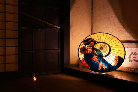 colorful umbrella in the dark, closeup of photo with soft focusの写真素材
