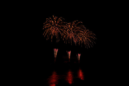 Fireworks on the bridge at night, Kanchanaburi, Thailandの写真素材