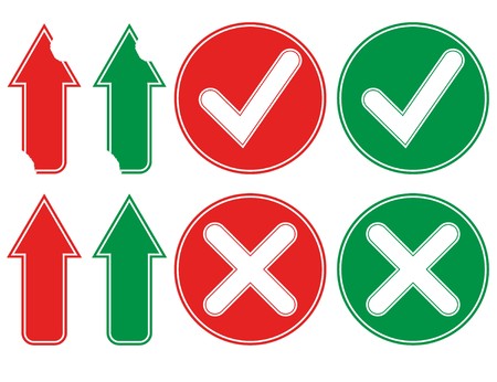 Set of labels arrows and confirmation buttons. One pair of arrows are ripped. Vector illustration.のイラスト素材