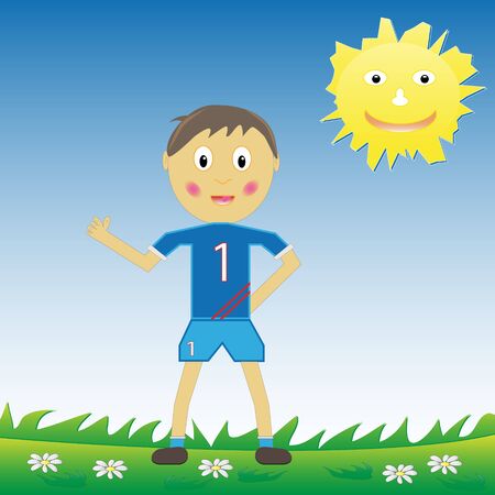 Young boy cartoon character wearing his soccer kit.のイラスト素材