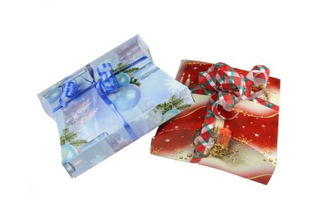 Blue and red Christmas box with on white background の写真素材