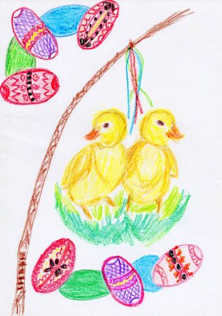 Happy Easter card with two small chicken, easter whip and eggs - hand painted picture.の写真素材
